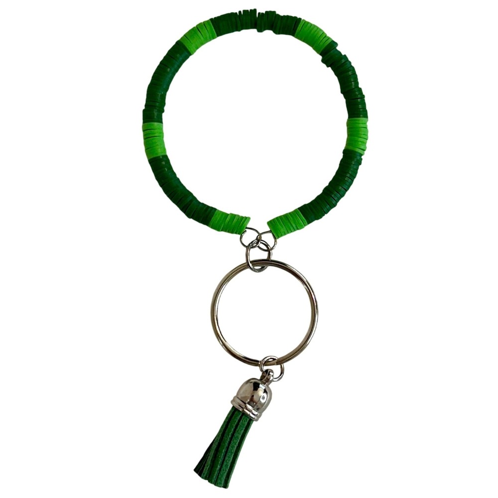 Handcrafted Green Silicone‎ Heishi Bead Wristlet Keychain Bracelet with Tassel